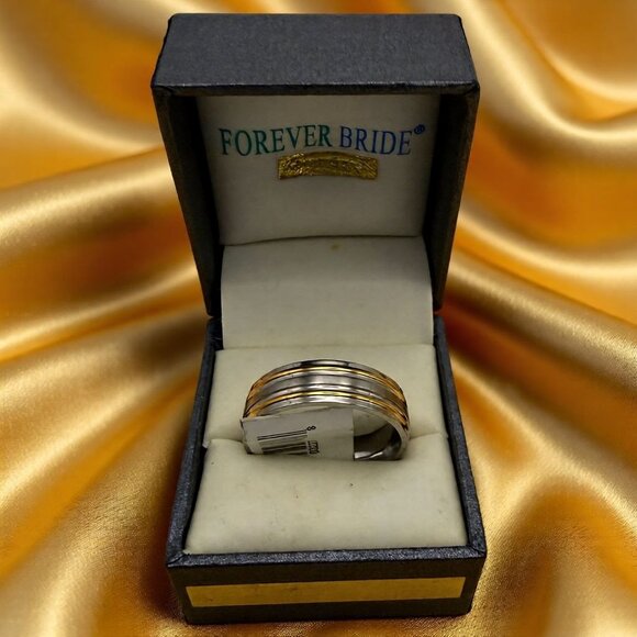 Mens Stainless Steel & Yellow IP Band Ring Size 12 By Forever Bride - Picture 1 of 5